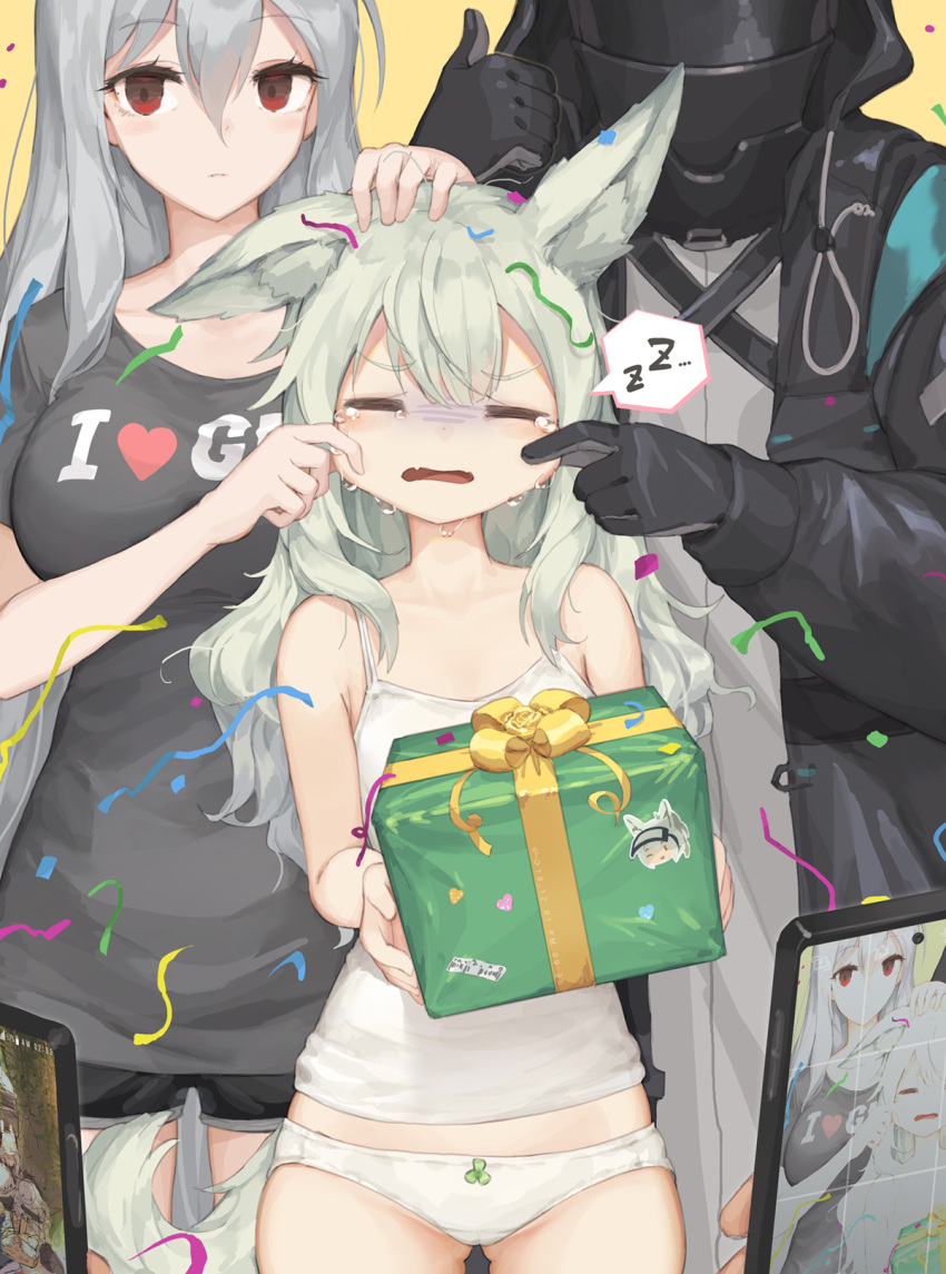 3girls =_= animal_ears arknights ass_visible_through_thighs bare_arms bare_shoulders beige_background birthday black_gloves black_jacket black_shorts box breasts camisole character_request cheek_pinching closed_eyes commentary confetti cowboy_shot crying doctor_(arknights) english_commentary gift gift_box gloves grani_(arknights) green_hair grey_hair grey_shirt helm helmet highres holding holding_gift i_heart... jacket jakoujika long_hair long_sleeves medium_breasts multiple_girls open_clothes open_jacket open_mouth panties pinching red_eyes shirt short_shorts short_sleeves shorts skadi_(arknights) spoken_zzz streamers tail tears thumbs_up turn_pale underwear underwear_only white_camisole white_panties zzz
