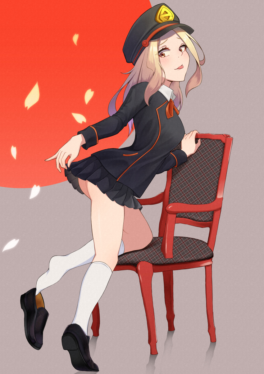 1girl absurdres ass black_footwear blonde_hair boku_no_hero_academia breasts chair commentary_request hat highres kneehighs kneeling large_breasts looking_at_viewer makasamalove peaked_cap pleated_skirt red_ribbon ribbon school_uniform shoe_removed shoes skirt solo tongue tongue_out utsushimi_kemii white_legwear
