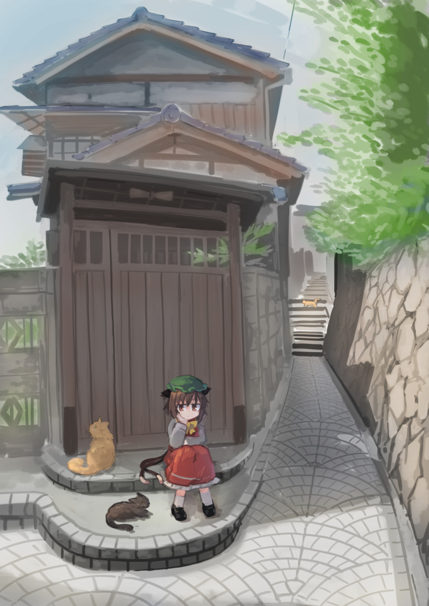 1girl absurdres animal animal_ears architecture arm_support bangs black_footwear bow bowtie brown_eyes brown_hair cat cat_ears cat_tail chen chin_rest chinese_clothes closed_mouth east_asian_architecture elbow_on_knee elbow_rest frilled_hat frilled_skirt frills full_body green_headwear hat highres kibisake loafers long_skirt long_sleeves looking_at_viewer mob_cap multiple_tails outdoors pavement red_skirt red_vest road shirt shoes short_hair sitting sitting_on_stairs skirt solo stairs street tail touhou two_tails vest white_legwear white_shirt yellow_bow yellow_neckwear