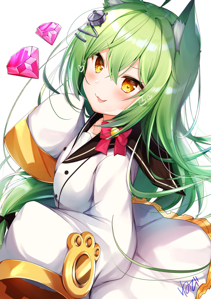 1girl absurdres ahoge akashi_(azur_lane) animal_ear_fluff animal_ears azur_lane bangs bell black_bow black_sailor_collar blush bow brown_eyes cat_ears commentary_request dress eyebrows_visible_through_hair green_hair hair_bell hair_between_eyes hair_bow hair_ornament hand_up heart highres jingle_bell long_hair long_sleeves looking_at_viewer nenobi_(nenorium) parted_lips red_bow ruby_(gemstone) sailor_collar sailor_dress signature sleeves_past_fingers sleeves_past_wrists smile solo very_long_hair white_background white_dress