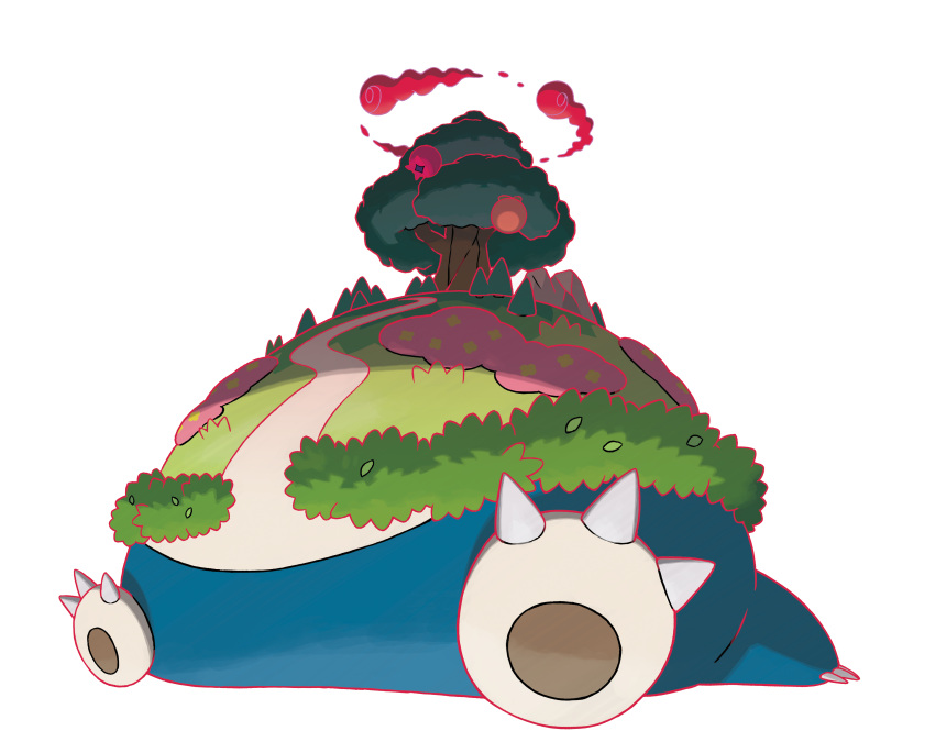 absurdres artist_request bush claws full_body gigantamax gigantamax_snorlax grass highres lying no_humans official_art on_back outline pokemon pokemon_(creature) pokemon_(game) pokemon_swsh smoke solo transparent_background tree white_outline