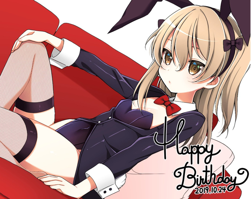 1girl bangs black_jacket black_legwear black_leotard black_ribbon bow bowtie brown_eyes closed_mouth collar commentary couch cursive dated detached_collar dutch_angle english_text fishnet_legwear fishnets girls_und_panzer hair_ribbon hand_on_own_knee happy_birthday highleg highleg_leotard jacket knee_up leaning_back leotard light_brown_hair long_hair long_sleeves looking_at_viewer on_couch one_side_up pillow red_neckwear ribbon ruruepa shimada_arisu simple_background sitting solo white_background white_collar wing_collar