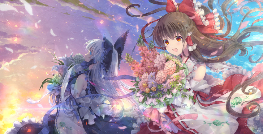 2girls album_cover alternate_color alternate_eye_color alternate_hair_color bouquet bow brown_hair clouds commentary_request cover detached_sleeves dual_persona flower gradient_sky hair_blowing hair_bow hair_tubes hakurei_reimu holding holding_bouquet lily_(flower) looking_at_viewer looking_away looking_up multiple_girls open_mouth outdoors petals ponytail red_eyes ribbon-trimmed_sleeves ribbon_trim silver_hair sky soukuu_kizuna standing touhou transparent twilight yellow_eyes