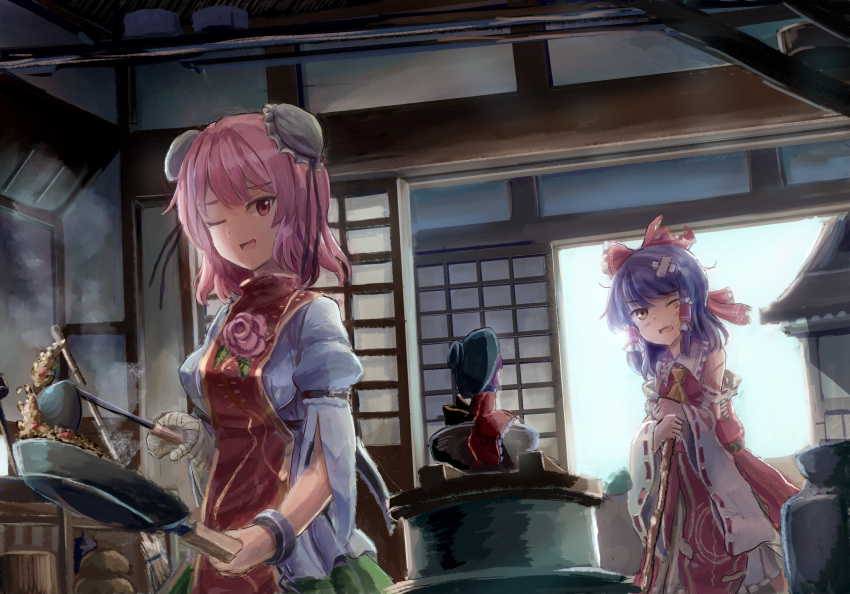 3girls architecture black_hair bowl bowl_hat broom commentary_request cooking cravat crossed_bandaids cuffs detached_sleeves double_bun east_asian_architecture flower food fried_rice frying_pan green_skirt hair_tubes hakurei_reimu hat highres ibaraki_kasen in_bowl in_container indoors ladle leaning_on_object looking_at_viewer multiple_girls one_eye_closed open_mouth pink_eyes pink_flower pink_hair pink_rose purple_hair red_eyes red_skirt red_vest ribbon-trimmed_sleeves ribbon_trim rose sensi_tobikage shackles shirt short_hair skirt standing sukuna_shinmyoumaru tabard touhou upper_body vest white_shirt yellow_neckwear