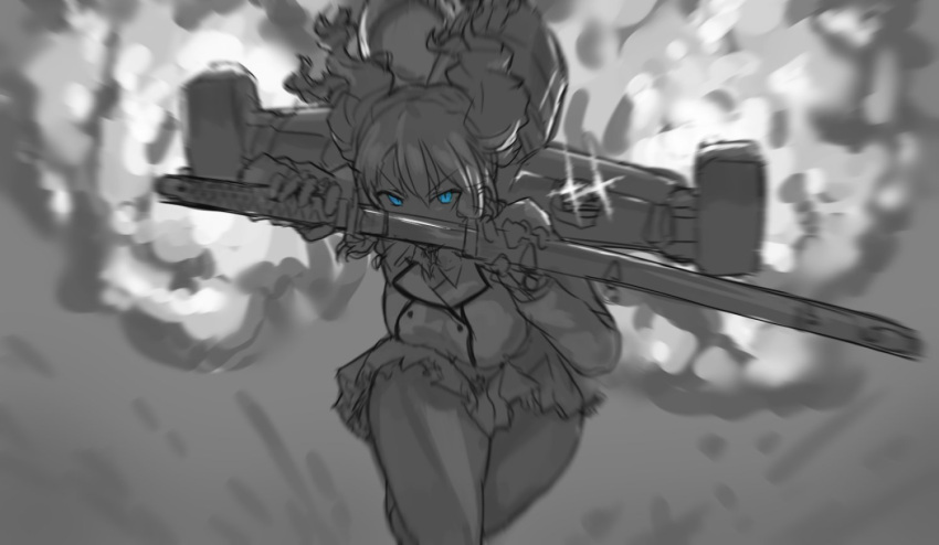 1girl bangs blue_eyes breasts explosion greyscale holding holding_sword holding_weapon kantai_collection kashima_(kantai_collection) katana large_breasts long_hair monochrome rigging sheath sketch skirt solo sparkle spot_color sword tsukira_(amayadori) twintails unsheathing weapon