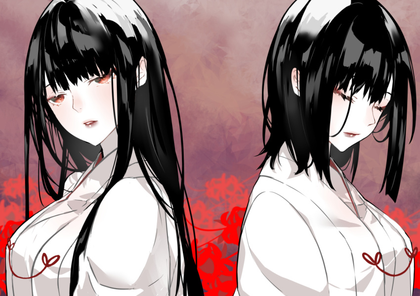 2girls bangs black_hair blush breasts closed_eyes eyelashes flower fusou_(kantai_collection) japanese_clothes kantai_collection large_breasts lips long_hair multiple_girls nello_(luminous_darkness) pale_skin parted_lips red_eyes red_flower short_hair spider_lily upper_body yamashiro_(kantai_collection)