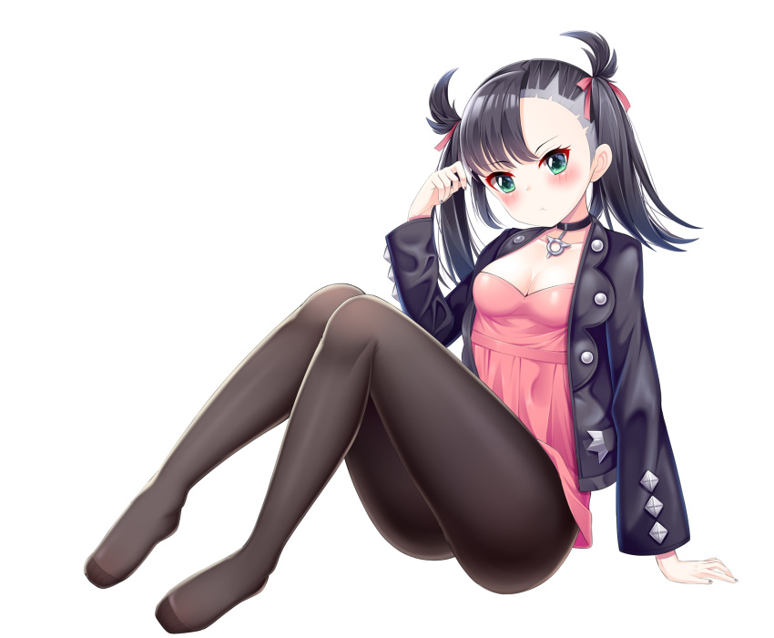 1girl :t black_choker black_hair black_jacket black_legwear black_nails blush breasts choker closed_mouth collarbone dress feet fengli_(709622571) full_body hair_ribbon hand_up highres jacket legs long_sleeves looking_away mary_(pokemon) nail_polish no_shoes open_clothes open_jacket pantyhose pink_dress pokemon pokemon_(game) pokemon_swsh pout red_ribbon ribbon simple_background sitting small_breasts solo twintails white_background