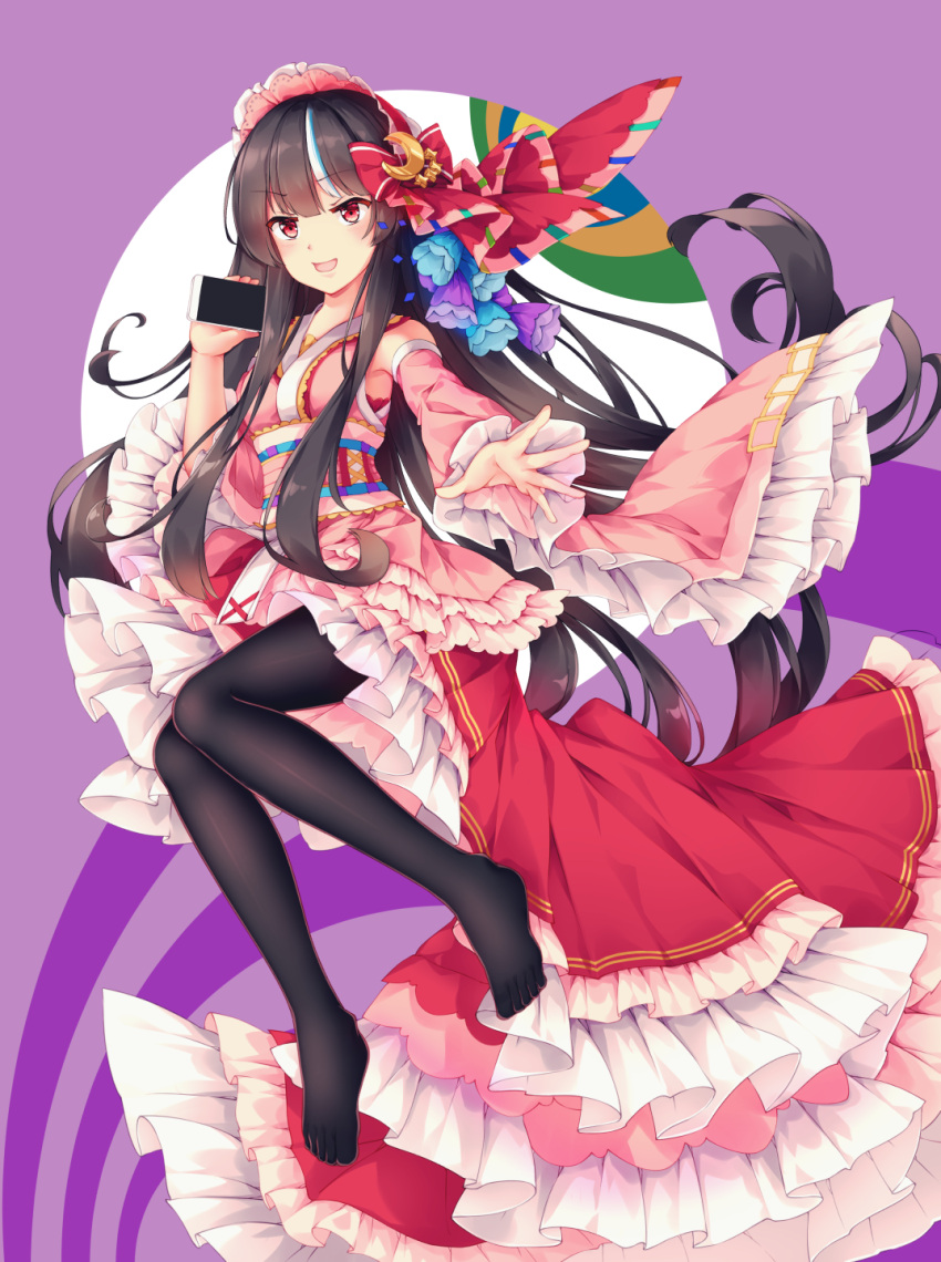 1girl abstract_background alternate_costume alternate_hair_color arms_up black_hair black_legwear bonnet cellphone commentary crescent crescent_hair_ornament detached_sleeves eyebrows_visible_through_hair flower folded_leg frilled_kimono frills hair_flower hair_ornament hair_ribbon highres holding holding_phone houraisan_kaguya japanese_clothes kimono knees_together_feet_apart layered_skirt long_hair long_sleeves looking_at_viewer mechrailgun multicolored_hair no_shoes obi open_mouth outstretched_hand pantyhose petticoat phone pink_kimono purple_background red_eyes red_skirt ribbon sash short_kimono sidelocks skirt smartphone solo streaked_hair touhou very_long_hair