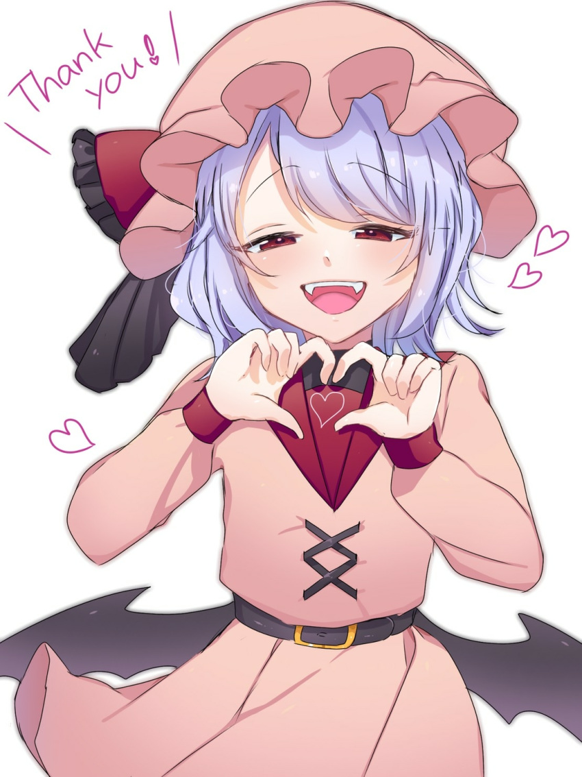 1girl :d bangs bat_wings belt belt_buckle black_belt black_wings blue_hair blush bow buckle dress eringi_(rmrafrn) eyebrows_visible_through_hair fangs frilled_bow frills half-closed_eyes hands_up hat heart heart_hands highres long_sleeves looking_at_viewer low_wings mob_cap open_mouth pink_dress pleated_dress red_bow red_eyes remilia_scarlet simple_background smile solo thank_you touhou white_background wings