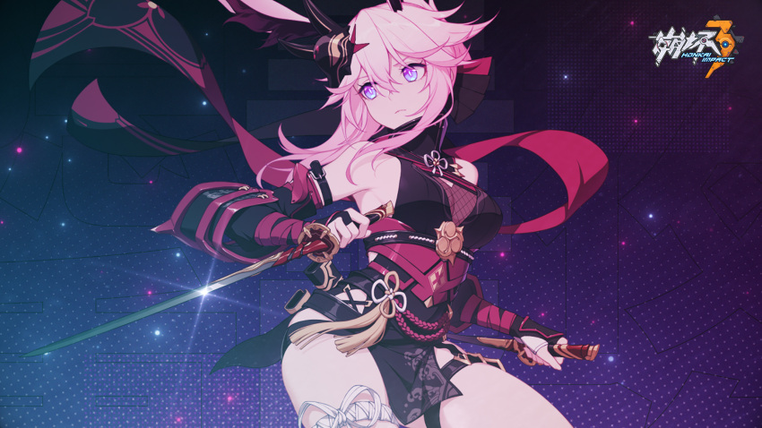 1girl bare_shoulders blue_eyes highres honkai_(series) honkai_impact_3rd katana mask mask_on_head ninja official_art pelvic_curtain pink_hair ponytail scarf sword weapon yae_sakura