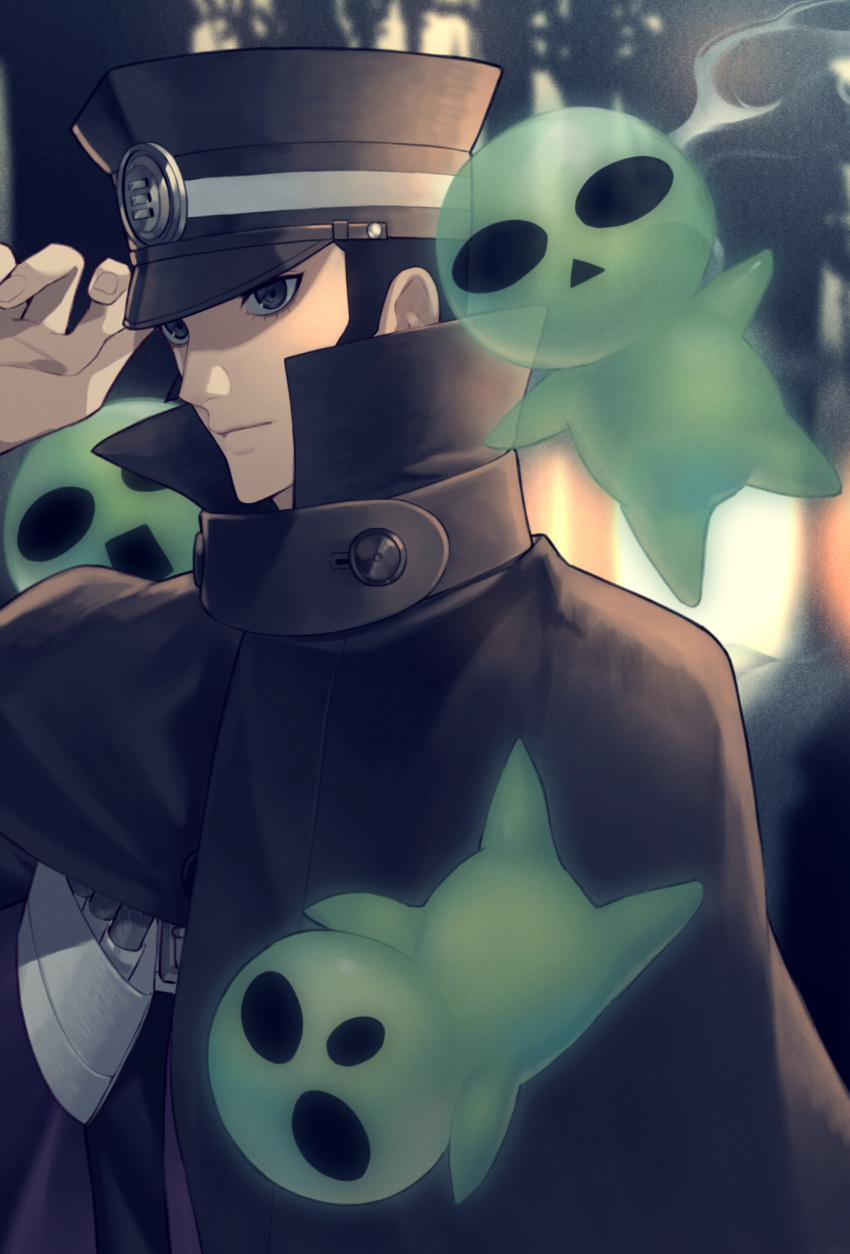 1boy black_hair cape devil_summoner grey_eyes hand_on_headwear hat highres kuzunoha_raidou male_focus morimiya_(kuroro) peaked_cap shin_megami_tensei sideburns solo upper_body