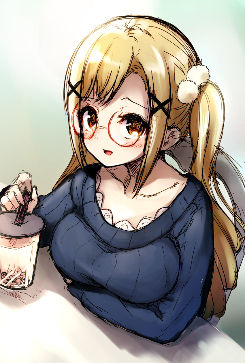 1girl bang_dream! bangs bespectacled blonde_hair blue_sweater blush breasts bubble_tea chair collarbone cup drinking_straw glasses hair_ornament highres ichigaya_arisa large_breasts long_hair long_sleeves open_mouth pom_pom_(clothes) ribbed_sweater round_eyewear sitting sketch smile solo sweater tukiyofree twintails upper_body x_hair_ornament yellow_eyes