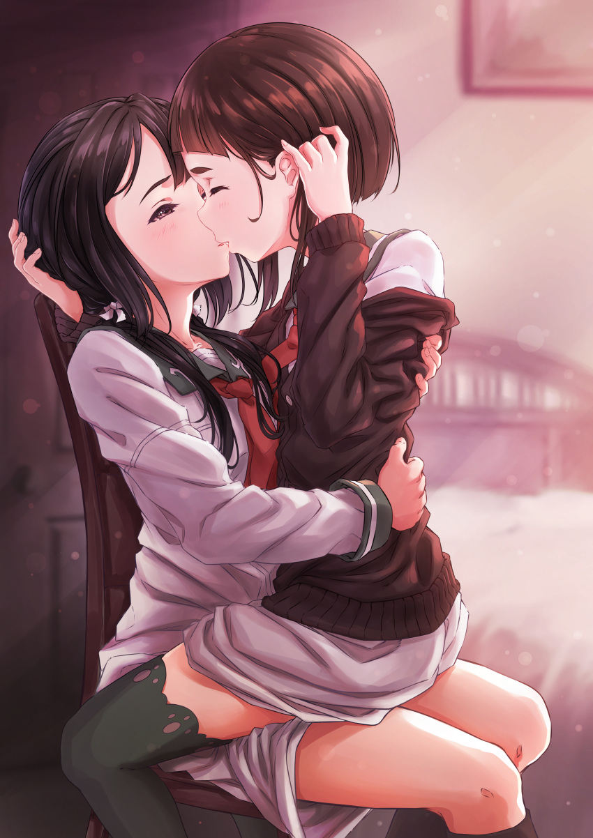 2girls absurdres bed black_eyes black_hair blurry blurry_background blush brown_hair cardigan chair closed_eyes depth_of_field dress english_commentary hand_on_another's_head hands_on_another's_back highres imminent_kiss indoors itaro kagajou_suzume kusunoki_mebuki kusunoki_mebuki_wa_yuusha_de_aru long_hair long_sleeves looking_at_another low_twintails multiple_girls neckerchief off_shoulder parted_lips profile sailor_dress school_uniform serafuku short_hair_with_long_locks sitting sitting_on_lap sitting_on_person thigh-highs twintails yuri yuusha_de_aru