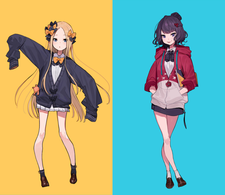2girls abigail_williams_(fate/grand_order) bangs black_bow black_jacket black_legwear black_skirt blue_background blue_eyes bow brown_footwear carrying_under_arm collared_shirt commentary_request crossed_legs drawstring dress_shirt eyebrows_visible_through_hair fate/grand_order fate_(series) forehead full_body hair_bow hair_bun hair_ornament hands_in_pockets highres hood hood_down hooded_jacket jacket katsushika_hokusai_(fate/grand_order) light_brown_hair loafers long_hair long_sleeves looking_at_viewer multiple_bows multiple_girls multiple_hair_bows orange_bow outstretched_arms parted_bangs parted_lips pleated_skirt polka_dot polka_dot_bow purple_hair red_jacket shirt shoes skirt sleeves_past_fingers sleeves_past_wrists socks standing stuffed_animal stuffed_toy teddy_bear two-tone_background very_long_hair violet_eyes white_legwear white_shirt white_skirt yellow_background yuu_(higashi_no_penguin)