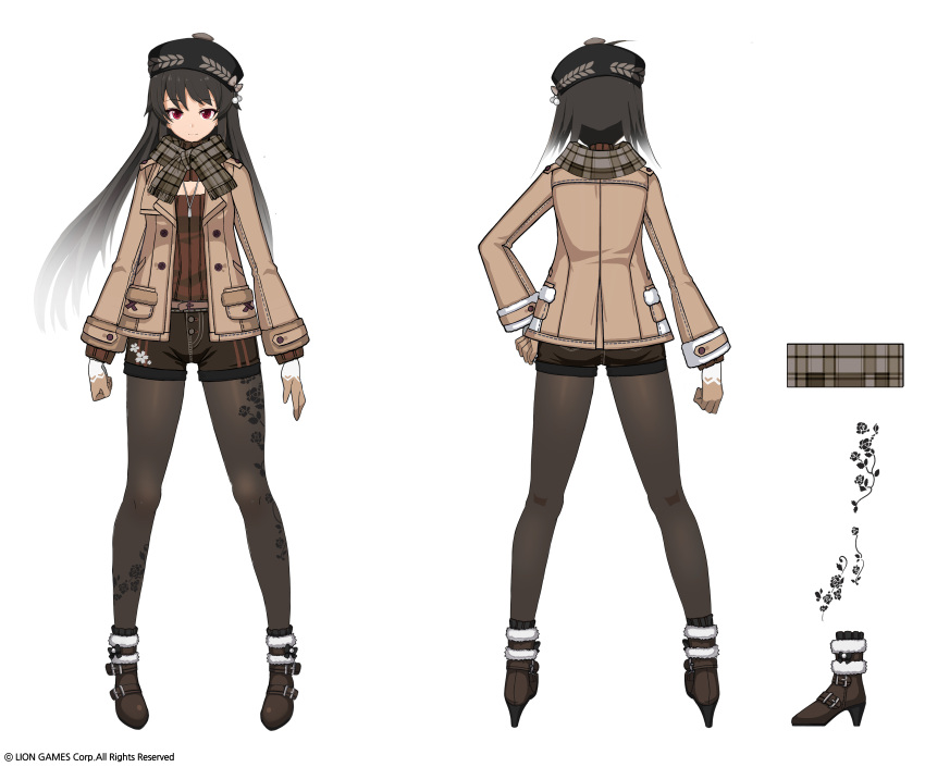 1girl absurdres black_hair black_headwear black_legwear black_shorts boots brown_footwear brown_gloves brown_jacket brown_sweater cleavage_cutout floral_print fringe_trim fur-trimmed_boots fur_trim gloves grey_scarf hat high_heel_boots high_heels highres iris_yuma jacket kyjsogom legwear_under_shorts long_hair long_sleeves looking_at_viewer meme_attire multiple_views official_art open-chest_sweater open_clothes open_jacket pantyhose plaid plaid_scarf print_legwear red_eyes ribbed_sweater rose_print scarf short_shorts shorts simple_background soul_worker standing sweater turnaround very_long_hair watermark white_background x-ray