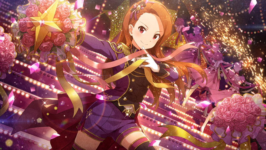 blush brown_hair dress idolmaster_million_live!_theater_days long_hair minase_iori red_eyes smile wink