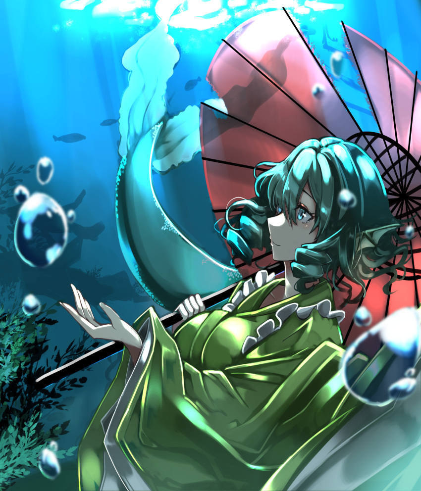 1girl animal_ears blue_eyes blue_hair drill_hair highres japanese_clothes kimono lunateelf mermaid monster_girl touhou umbrella underwater wakasagihime