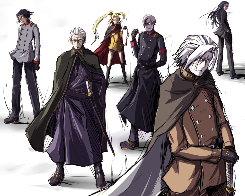 1girl 5boys adler akatsuki_(akatsuki_blitzkampf) akatsuki_blitzkampf bangs black_eyes black_gloves black_hair blonde_hair blue_eyes boots cape dress formal fritz full_body glasses gloves hair_intakes hair_over_one_eye hair_pulled_back hair_slicked_back hands_in_pockets highres katana knee_boots long_hair looking_to_the_side military military_uniform multiple_boys murakumo_(akatsuki_blitzkampf) mycale one_eye_covered orange_dress red-framed_eyewear red_eyes refrai sai_(akatsuki_blitzkampf) scepter semi-rimless_eyewear shadow sheath short_dress short_hair silver_hair simple_background smile suit sunglasses sword twintails under-rim_eyewear uniform very_long_hair weapon white_background white_hair