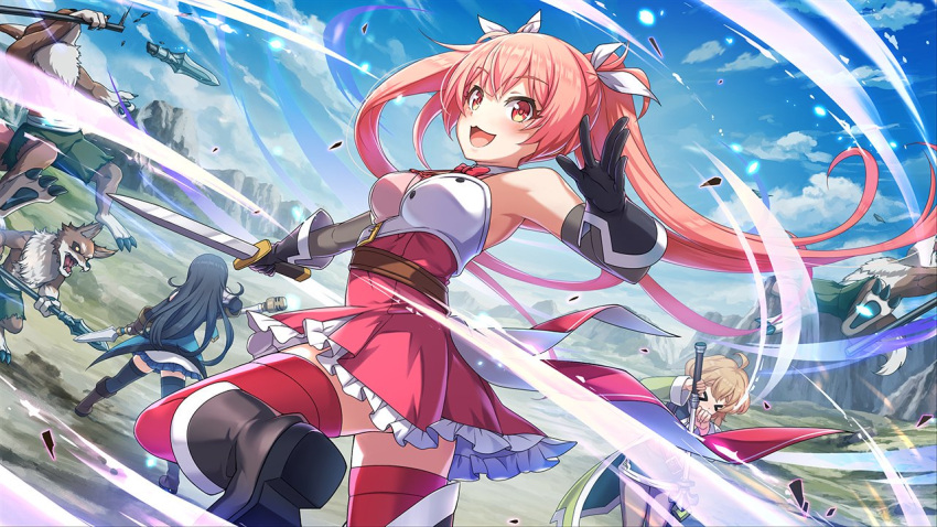 3girls bare_shoulders battle blue_sky cello_(konosuba) dagger erika_(konosuba) kobold kono_subarashii_sekai_ni_shukufuku_wo! leah_(konosuba) multiple_girls official_art orange_eyes outdoors pink_hair polearm skirt sky spear twintails weapon