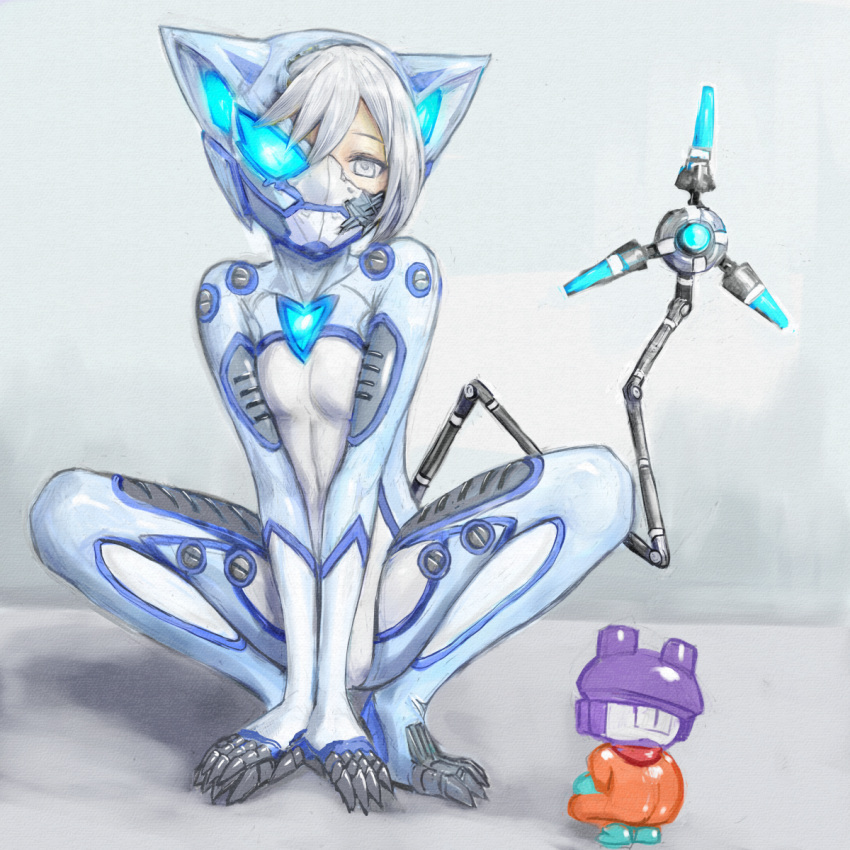 1girl all_fours bodysuit breasts broken_helmet claws commentary_request glowing grey_eyes half-closed_eyes highres mechanical_tail original skin_tight small_breasts solo tail white_hair yumikoyama49