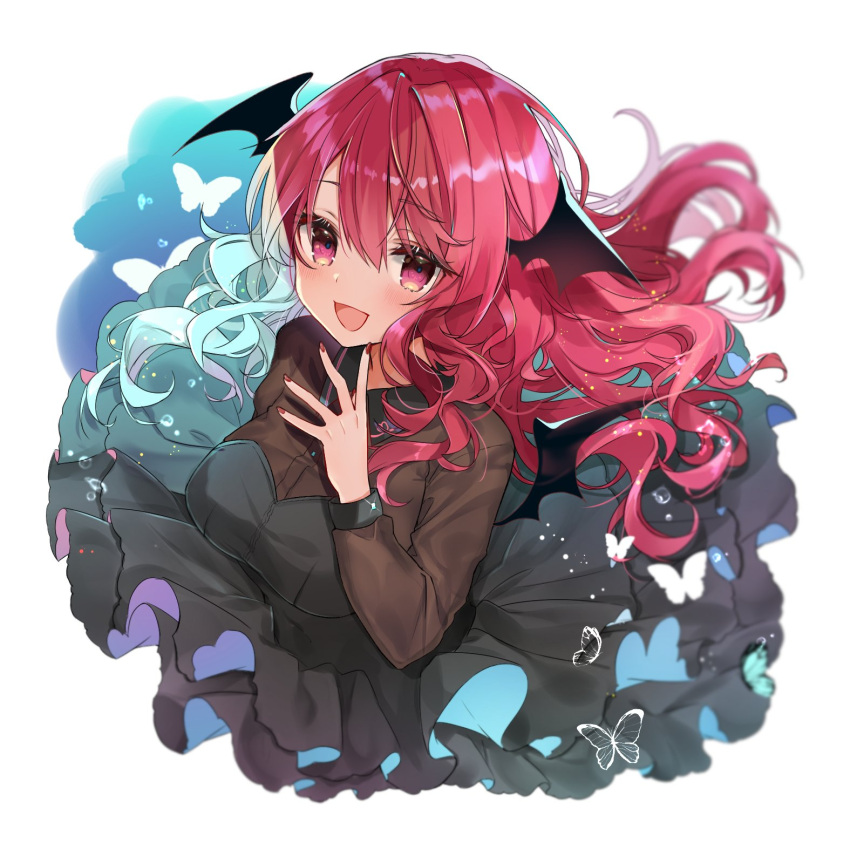 1girl :d alternate_costume artist_name bangs black_dress blush border breasts bug butterfly commentary_request demon_wings dress eyebrows_visible_through_hair grey_background hair_between_eyes hand_up head_wings highres insect koakuma large_breasts long_hair long_sleeves looking_at_viewer natsuki_(ukiwakudasai) open_mouth red_eyes redhead simple_background smile solo touhou upper_body white_border wings