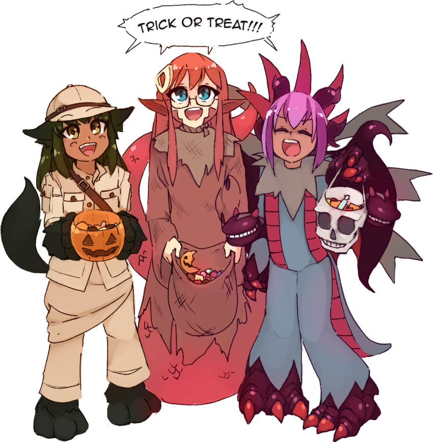 3girls :d ^_^ anubis_(monster_girl_encyclopedia) black_hair blue_eyes blush_stickers borrowed_character breast_pocket brown_eyes candy cherry_(snekfag) child closed_eyes commentary commission cosplay dark_skin dragon_girl english_commentary eyebrows_visible_through_hat facing_viewer fangs food full_body glasses halloween halloween_basket halloween_costume hat horns hydreigon hydreigon_(cosplay) jabberwock_(monster_girl_encyclopedia) jack-o'-lantern lamia long_hair looking_at_viewer monster_girl monster_girl_encyclopedia monster_musume_no_iru_nichijou multiple_girls open_mouth original pants paws pocket pokemon purple_hair redhead robe rtil sack scales second-party_source simple_background skull smile speech_bubble standing tail trick_or_treat upper_teeth white_background