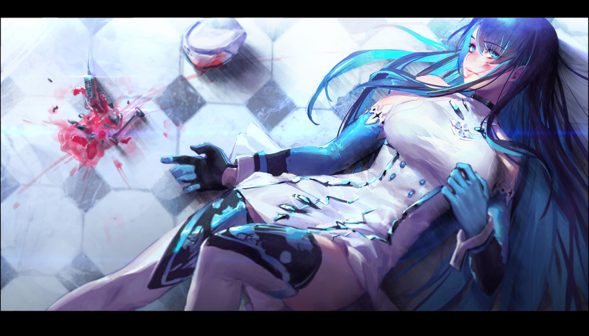 1girl black_hair blood blood_on_face blue_eyes blue_gloves blue_hair breasts broken_glass eilietta_lash from_above glass gloves hat hat_removed headwear_removed highres knee_up large_breasts long_hair lying melonplus multicolored_hair on_back solo syringe thigh-highs thighs tile_floor tiles two-tone_hair very_long_hair zenonzard