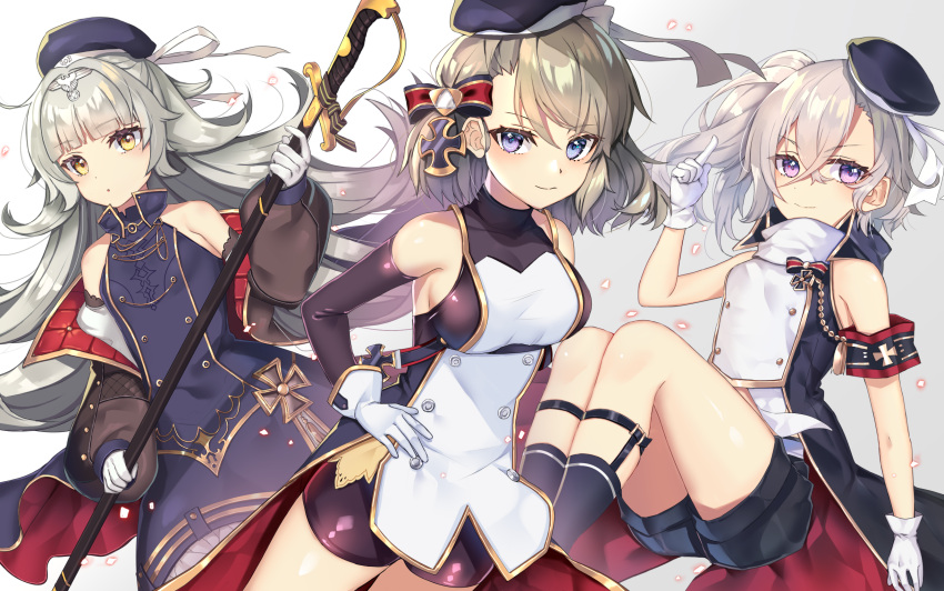 3girls armband armpits azur_lane bangs bare_shoulders beret bike_shorts blonde_hair blue_eyes blunt_bangs breasts closed_mouth commentary_request crossed_bangs detached_sleeves double-breasted expressionless eyebrows_visible_through_hair grey_hair hair_between_eyes hat hat_ribbon headpiece highres holding holding_sword holding_weapon iron_cross jacket long_hair looking_at_viewer medium_breasts mkichi multiple_girls off_shoulder one_side_up ribbon sheath sheathed short_hair shorts sidelocks silver_hair small_breasts smile swept_bangs sword violet_eyes weapon yellow_eyes z1_leberecht_maass_(azur_lane) z23_(azur_lane) z46_(azur_lane)