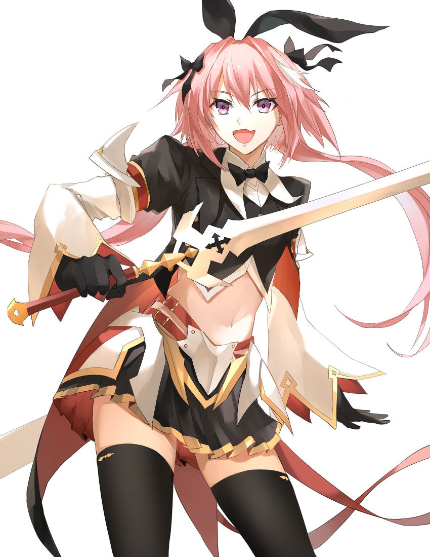 1boy absurdres astolfo_(fate) astolfo_(saber)_(fate) bangs black_bow black_gloves black_ribbon bow bowtie commentary_request fate/grand_order fate_(series) gloves hair_bow hair_intakes hair_ribbon highres holding holding_sword holding_weapon hoshi_rasuku long_hair long_sleeves looking_at_viewer multicolored_hair otoko_no_ko pink_hair ribbon simple_background smile solo streaked_hair sword twintails violet_eyes weapon white_background white_hair