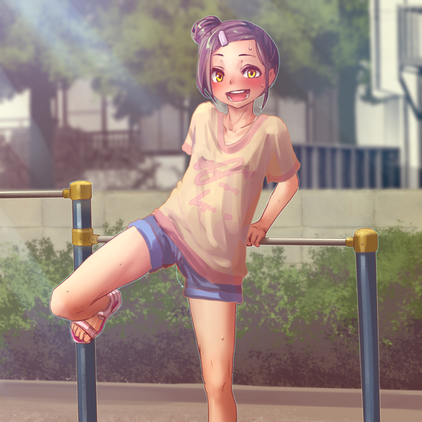 1girl :d bare_legs blue_shorts blush brown_shirt bush collarbone commentary_request day hair_bun hair_ornament hairclip highres leg_up looking_at_viewer open_mouth original outdoors round_teeth sandals shirt short_shorts short_sleeves shorts smile solo standing standing_on_one_leg sweat teeth tree upper_body yamada_(gotyui) yellow_eyes