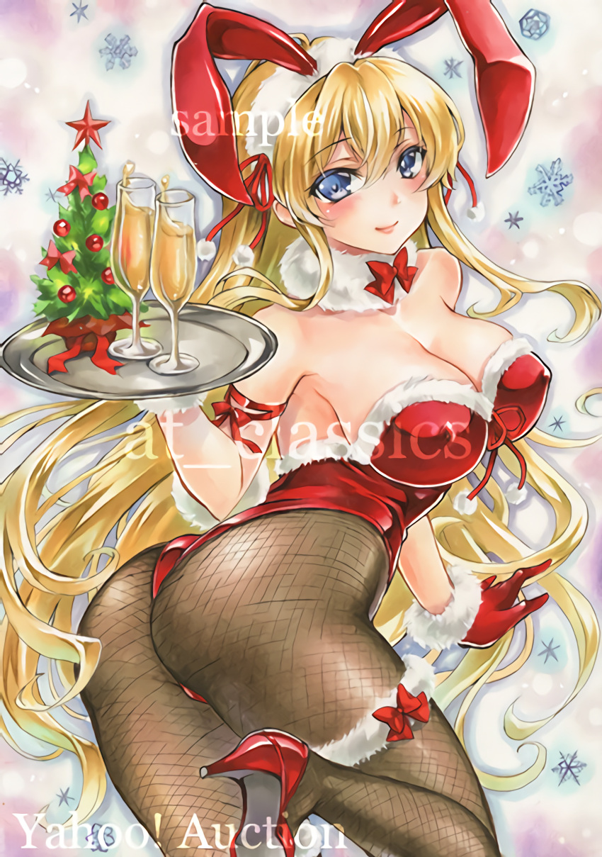 absurdres animal_ears ass at_classics blonde_hair blue_eyes breasts bunnysuit high_heels highres hip_focus huge_breasts leotard long_hair original pantyhose rabbit_ears thigh-highs