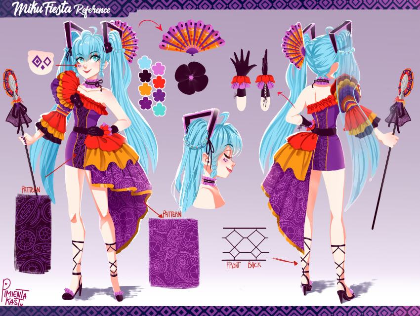 artist_name asymmetrical_skirt asymmetrical_sleeves black_gloves character_sheet color_guide commentary diamond_(shape) dress english_commentary facial_tattoo fan floral_print folding_fan frilled_dress frilled_sleeves frills from_behind full_body gloves hair_fan hair_ornament hatsune_miku hatsune_miku_expo high_heels highres holding holding_wand lipstick makeup microphone microphone_wand pimienta_kast purple_dress single_glove smile spanish_clothes strapless strapless_dress tattoo vocaloid wand