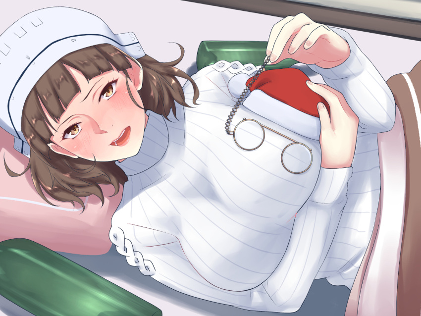 1girl alternate_costume bangs blunt_bangs blush breasts brown_eyes brown_hair eyebrows eyewear_removed from_above glasses hat headdress indoors kantai_collection kotatsu large_breasts lips long_sleeves looking_at_viewer looking_up lying open_mouth peaked_cap pince-nez recording ribbed_sweater roma_(kantai_collection) santa_hat shingyo short_hair smile solo sweater table the_roma-like_snowman under_kotatsu under_table upper_body wavy_hair white_sweater