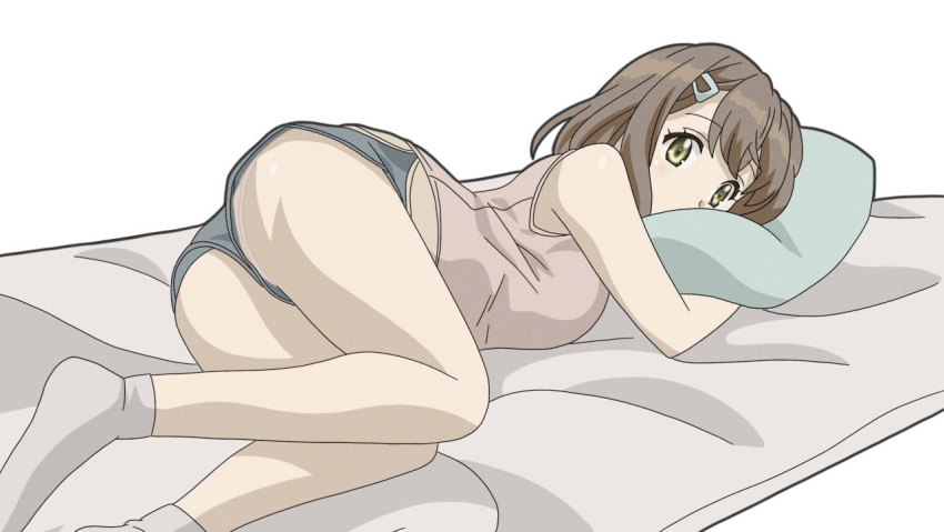 1girl ass bare_shoulders bed blue_shorts blush breasts brown_eyes brown_hair hair_ornament hairclip hidden_mouth kandagawa_jet_girls large_breasts looking_at_viewer lying namiki_rin on_bed on_stomach panties panties_under_shorts pillow pink_panties pink_shirt shiny shiny_skin shirt short_hair shorts simple_background solo underwear watanabegenn white_background