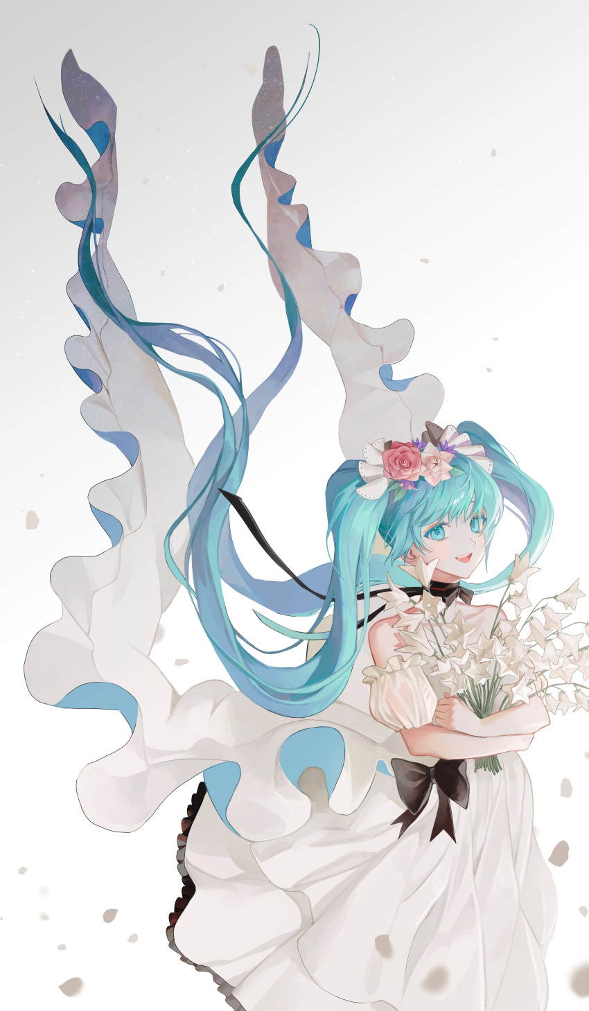 1girl absurdres black_bow black_ribbon blurry_foreground bouquet bow commentary cowboy_shot detached_sleeves dress dress_bow floating_hair flower frilled_dress frilled_sleeves frills hair_flower hair_ornament hatsune_miku highres holding holding_bouquet holding_flower layered_dress lily_(flower) long_hair looking_at_viewer migumi miku_with_you_(vocaloid) neck_ribbon open_mouth petals puffy_detached_sleeves puffy_sleeves ribbon short_sleeves smile solo standing twintails very_long_hair vocaloid white_background white_dress white_flower