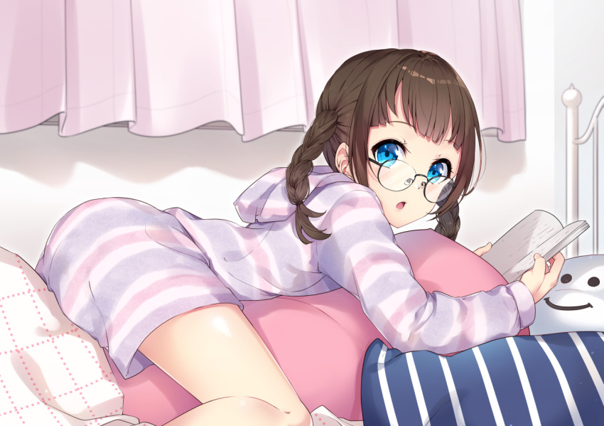 1girl :o bangs blue_eyes bon_(bonbon315) book braid brown_hair commentary_request curtains glasses holding holding_book indoors lying on_pillow on_stomach open_mouth original pillow short_hair solo striped_hoodie twin_braids