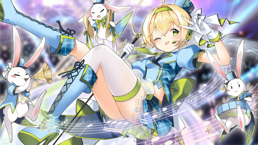 1girl ahoge alternate_costume asymmetrical_legwear azur_lane bangs blonde_hair blue_footwear blush boots closed_mouth commentary_request cross-laced_footwear cymbals drum drumsticks green_eyes hair_between_eyes hair_intakes hairband hat headset high_heel_boots high_heels huge_ahoge idol instrument looking_at_viewer midriff mini_hat one_eye_closed short_hair sidelocks single_thighhigh solo southampton_(azur_lane) staff thigh-highs tongue tongue_out trumpet twitter_username v vilor white_legwear