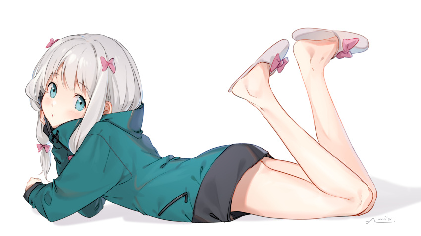 1girl absurdres al_mican aqua_jacket bangs bare_legs blush bow commentary_request eromanga_sensei eyebrows_visible_through_hair feet_up full_body hair_bow hand_on_own_cheek high_collar highres izumi_sagiri jacket long_hair long_sleeves looking_at_viewer no_pants parted_lips pink_bow sidelocks signature silver_hair simple_background slippers solo stylus tareme white_background white_footwear