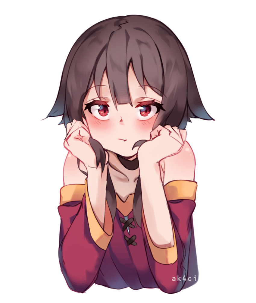 1girl aka--chi black_hair blush closed_mouth collarbone english_commentary eyebrows_visible_through_hair hands_on_own_cheeks hands_on_own_face highres kono_subarashii_sekai_ni_shukufuku_wo! megumin off_shoulder red_eyes simple_background solo upper_body white_background