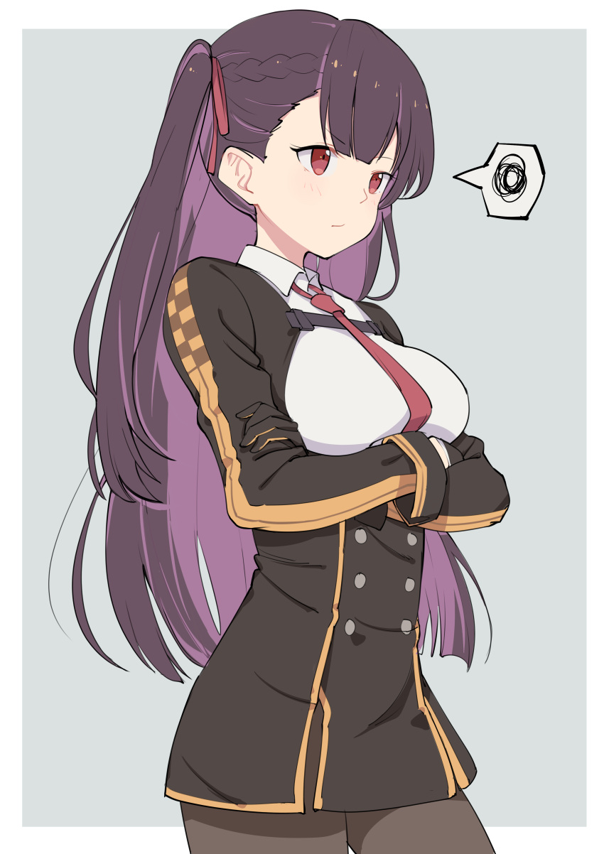 1girl 523_(user_efcm2455) absurdres bangs black_gloves black_legwear blush braid breasts closed_mouth collar collared_shirt confused crossed_arms eyebrows_visible_through_hair girls_frontline gloves grey_background hair_ribbon highres long_hair long_sleeves looking_to_the_side necktie one_side_up pantyhose purple_hair red_eyes red_neckwear red_ribbon ribbon shirt simple_background skirt solo standing very_long_hair wa2000_(girls_frontline) white_shirt