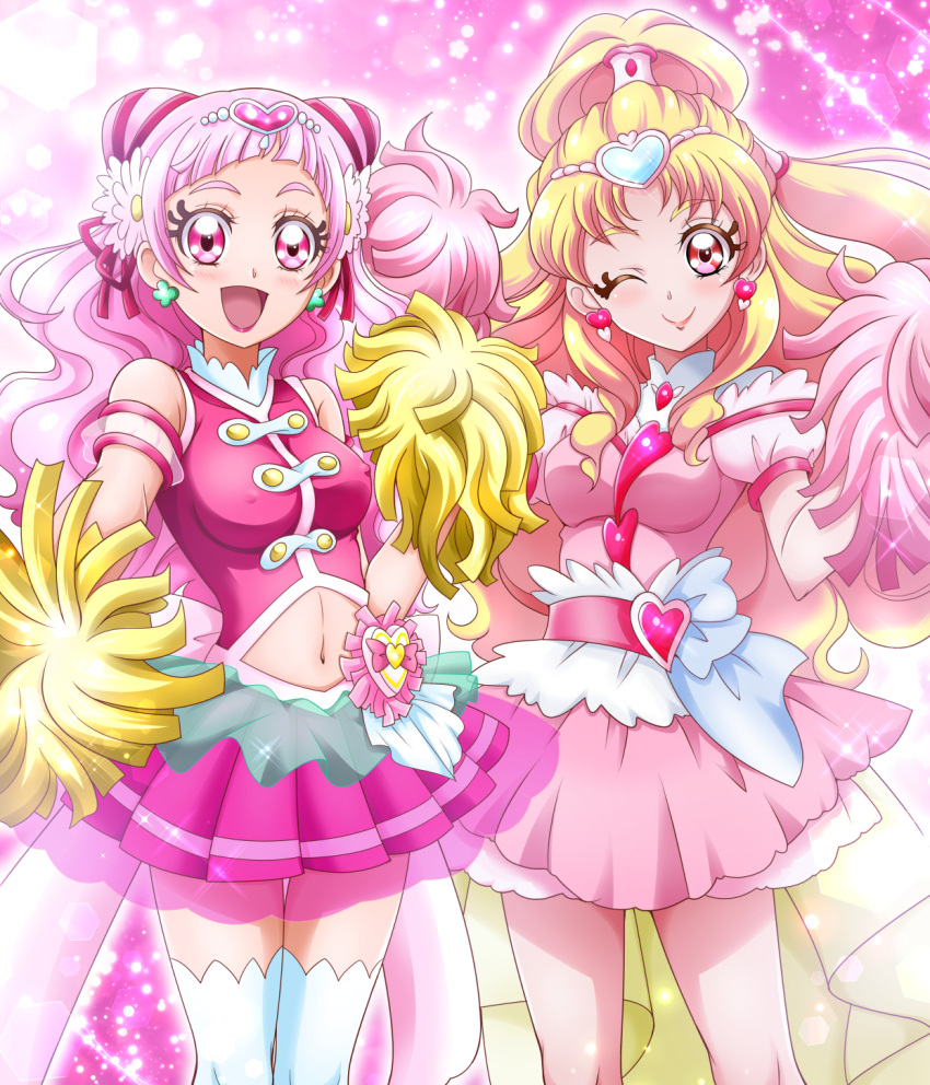 2girls :d back_bow bangs bare_legs blonde_hair blunt_bangs blush bow breasts clover_earrings commentary_request covered_nipples cure_tomorrow cure_yell detached_sleeves double_bun dress earrings eyebrows_visible_through_hair eyelashes floating_hair flower hair_flower hair_ornament hair_rollers hanzou heart heart_earrings heart_hair_ornament high_ponytail highres hug-tan_(precure) hugtto!_precure jewelry lens_flare light_particles lipstick long_hair looking_at_viewer magical_girl makeup medium_breasts multi-tied_hair multiple_girls navel navel_cutout nono_hana one_eye_closed open_mouth pink_background pink_dress pink_hair pink_shirt pink_skirt pleated_dress pleated_skirt pom_poms precure red_eyes red_ribbon ribbon see-through_sleeves shirt short_sleeves shoulder_cutout skirt small_breasts smile sparkle thigh-highs very_long_hair zettai_ryouiki