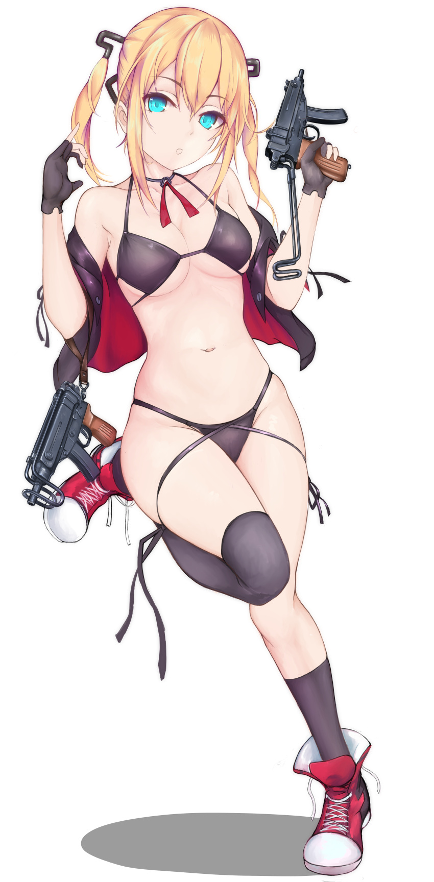 1girl absurdres asymmetrical_legwear bangs bare_shoulders bikini black_bikini black_gloves black_jacket black_legwear blonde_hair blue_eyes blush breasts choker collarbone franz_(217franz) full_body girls_frontline gloves gun hair_between_eyes hand_up highres holding holding_gun holding_weapon huge_filesize jacket leg_up long_hair looking_at_viewer medium_breasts navel off_shoulder open_clothes open_jacket parted_lips partly_fingerless_gloves red_footwear shoes sidelocks simple_background single_thighhigh skorpion_(girls_frontline) sneakers solo stomach submachine_gun swimsuit thigh-highs thighs twintails weapon white_background