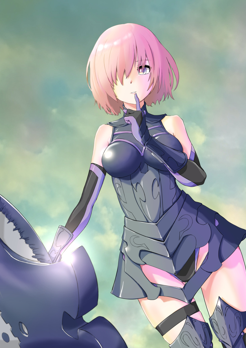 1girl absurdres armored_boots armored_leotard black_leotard boots breasts breasts_apart dutch_angle elbow_gloves fate/grand_order fate_(series) finger_to_mouth gloves hair_over_one_eye highres index_finger_raised leotard looking_at_viewer mash_kyrielight medium_breasts outdoors p.i.t.d parted_lips pink_hair shiny shiny_hair short_hair solo standing tears thigh-highs thigh_boots thigh_strap violet_eyes