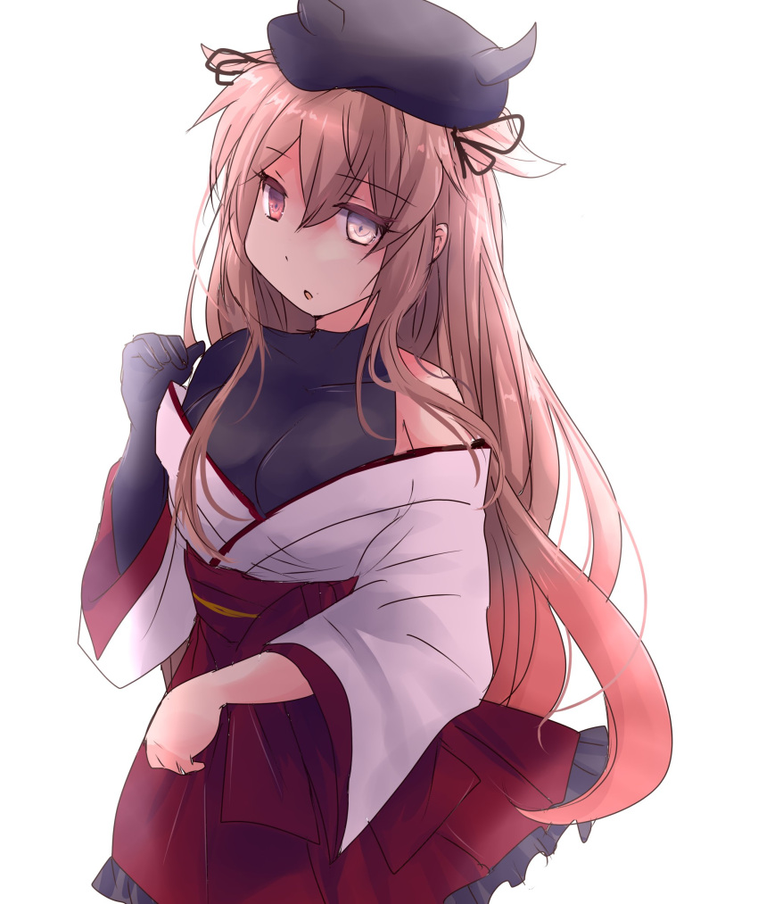 1girl alternate_costume asymmetrical_clothes bangs beret black_headwear blonde_hair bodysuit breasts commentary_request dress eyebrows_visible_through_hair hair_between_eyes hair_flaps hair_ribbon hat heterochromia highres hirune_(konekonelkk) japanese_clothes kantai_collection large_breasts long_hair looking_at_viewer miko murasame_(kantai_collection) nontraditional_miko off-shoulder_dress off_shoulder open_mouth orange_eyes red_eyes remodel_(kantai_collection) ribbon sidelocks simple_background solo white_background
