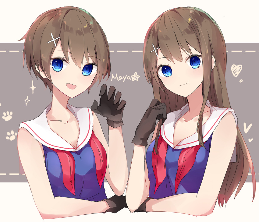 2girls :d aa_(sin2324) alternate_hair_length alternate_hairstyle bangs black_gloves blue_eyes blue_shirt blush brown_hair character_name claw_pose closed_mouth collarbone commentary_request dual_persona eyebrows_visible_through_hair gloves grey_background hair_between_eyes hair_ornament hairclip hand_up heart highres kantai_collection long_hair maya_(kantai_collection) multiple_girls open_mouth red_neckwear sailor_collar school_uniform serafuku shirt short_hair sleeveless sleeveless_shirt smile sparkle two-tone_background very_long_hair white_sailor_collar x_hair_ornament