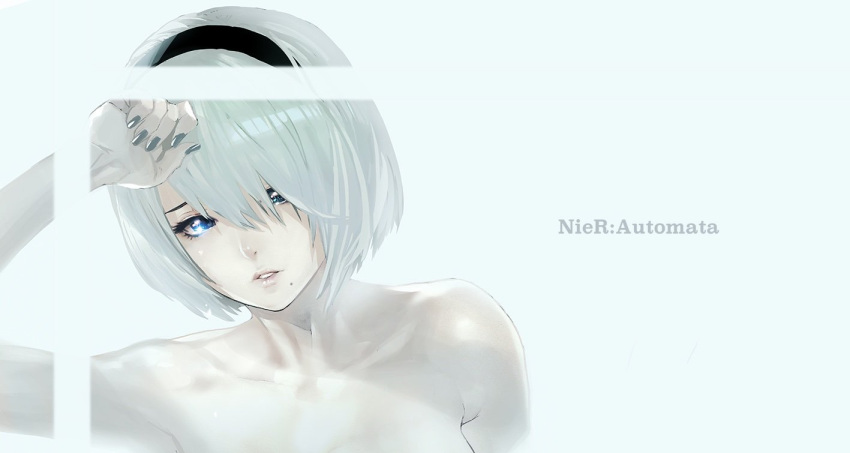 1girl against_glass black_hairband black_nails blue_eyes commentary_request copyright_name hair_over_one_eye hairband lips maeshima_shigeki nier_(series) nier_automata no_blindfold nude out-of-frame_censoring silver_hair solo yorha_no._2_type_b