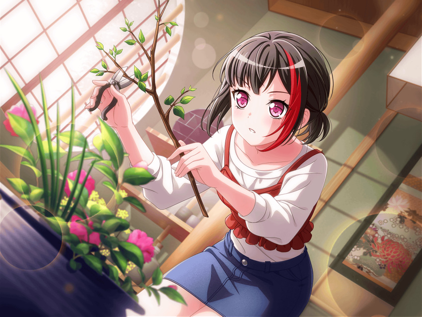 1girl alternate_hairstyle bang_dream! black_hair blush dress east_asian_architecture flower holding_plant japanese_architecture mitake_ran official_art red_eyes short_hair solo sunlight