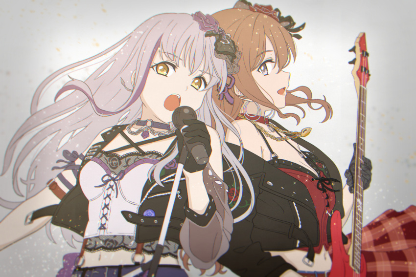 2girls :d bang_dream! bangs bass_guitar black_choker black_gloves black_jacket brown_hair chain_necklace choker collar cross-laced_clothes flower gloves grey_background grey_eyes grey_hair grey_shirt hair_flower hair_ornament halterneck heart_pendant imai_lisa instrument jacket jewelry locket long_hair long_sleeves minato_yukina multiple_girls navel o-ring o-ring_choker off_shoulder open_mouth pendant plaid plaid_skirt purple_flower red_collar red_flower red_shirt red_skirt shibasaki_shouji shirt shoulder_cutout single_sleeve skirt smile suspenders upper_body vest yellow_eyes