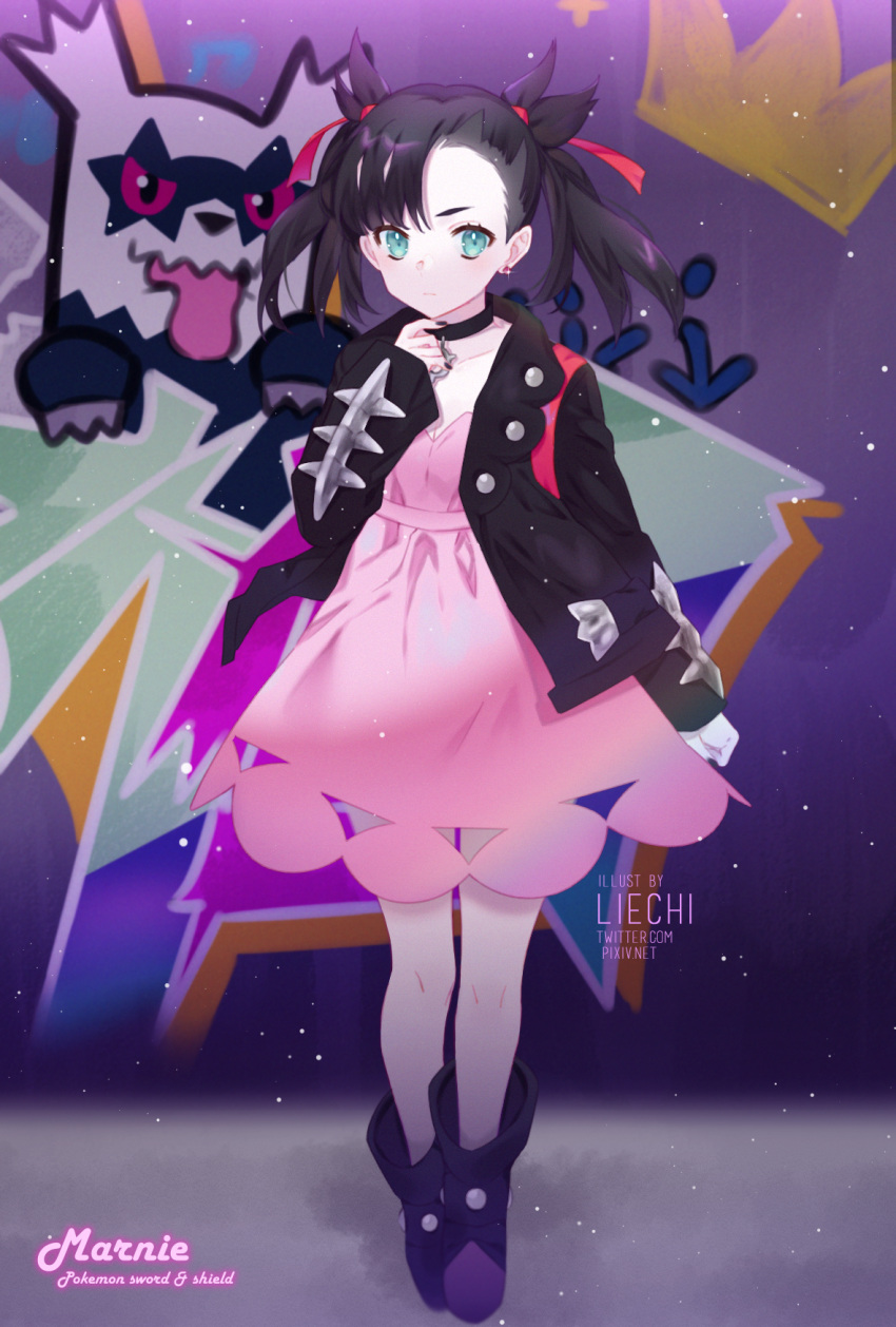 1girl aqua_eyes artist_name asymmetrical_bangs asymmetrical_hair bangs black_hair black_jacket black_nails breasts character_name choker commentary copyright_name dress earrings hair_ribbon highres jacket jewelry liechi long_sleeves looking_at_viewer mary_(pokemon) open_clothes pink_dress pokemon pokemon_(game) pokemon_swsh red_ribbon ribbon solo twintails