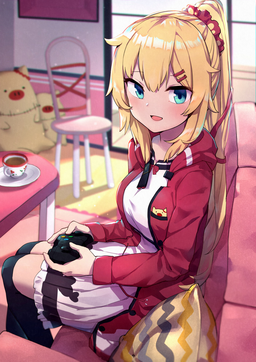 1girl absurdres akai_haato alternate_hairstyle aqua_eyes bangs blonde_hair breasts chair controller couch cup from_side haaton_(haato_channel) hair_between_eyes highres holding_controller hololive hood hoodie huge_filesize jacket large_breasts long_hair long_ponytail long_sleeves looking_at_viewer mr.lime open_mouth playing_games ponytail red_jacket saucer sidelocks sitting skirt smile solo stuffed_animal stuffed_toy tea teacup virtual_youtuber